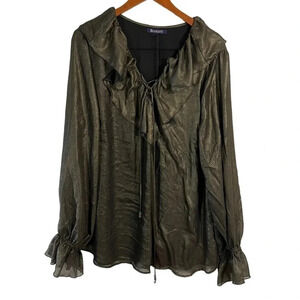 Roamans Metallic Gold Blouse 24W Ruffled Draped Collar Long Sleeves Formal Top